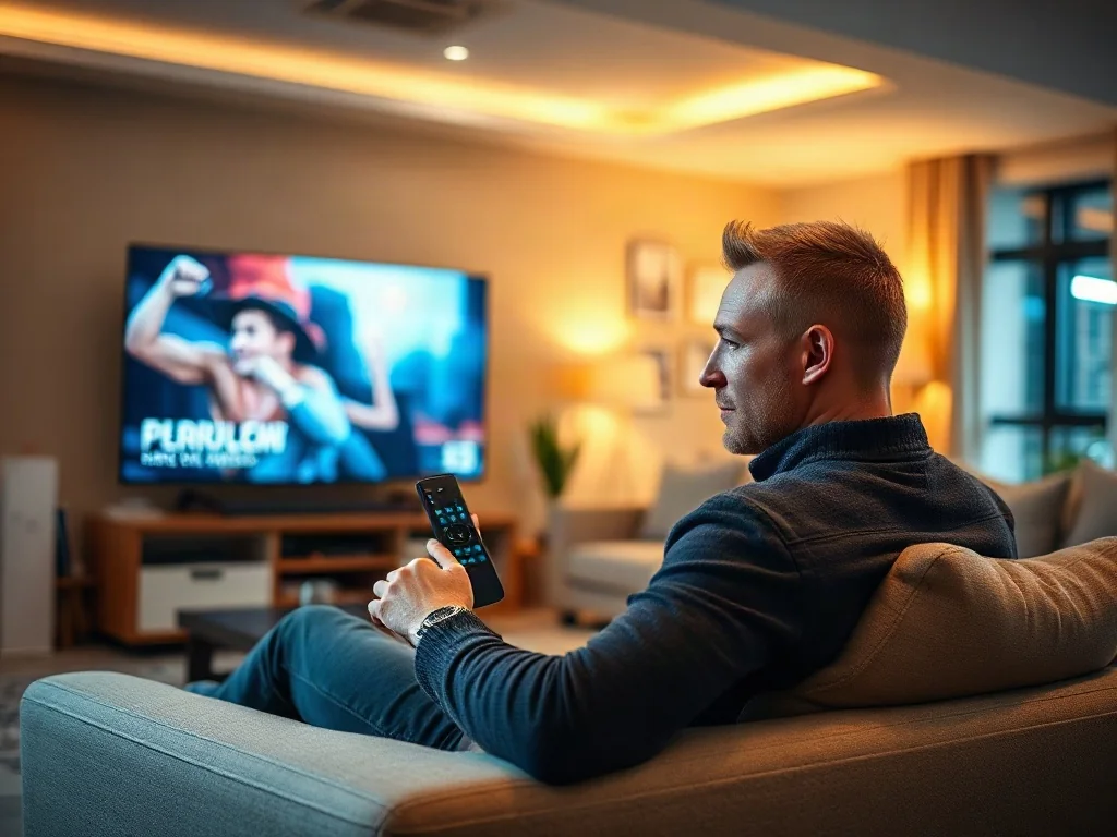 Mężczyzna siedzący na kanapie przed telewizorem, korzystający z pilota w przytulnym salonie.