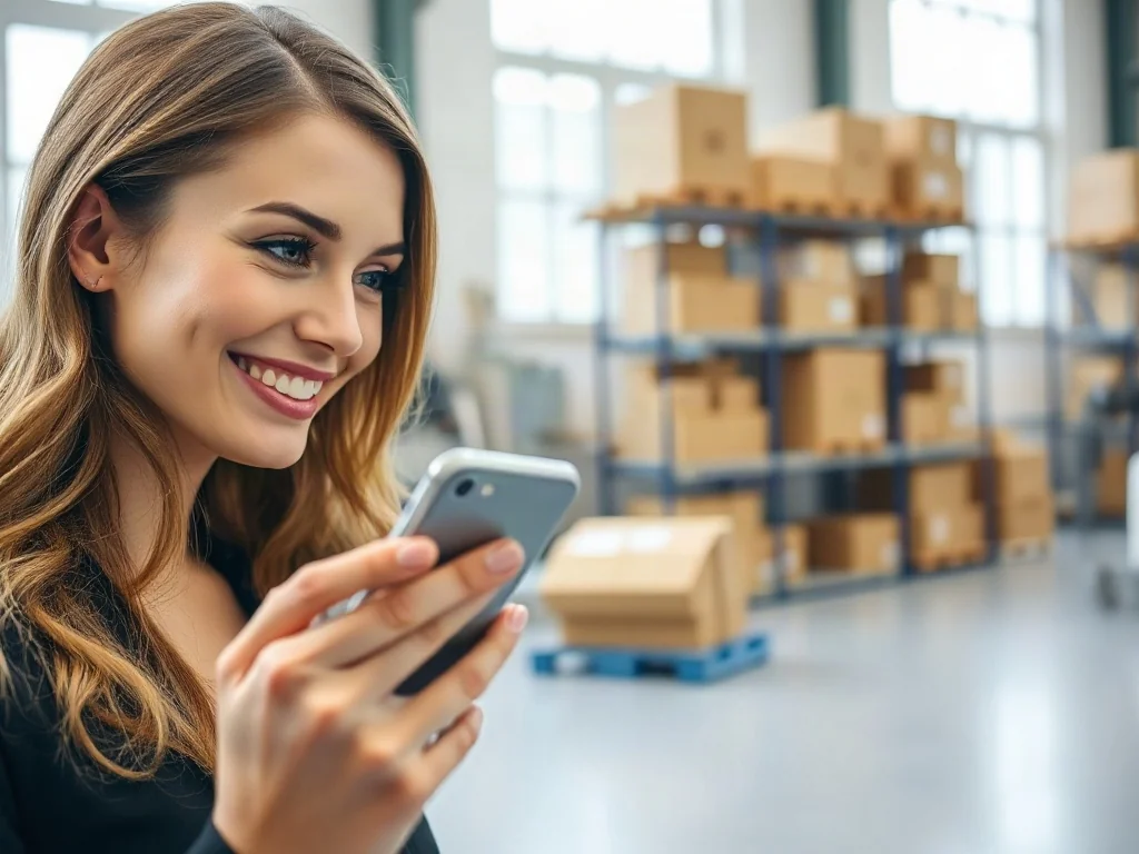 Uśmiechnięta kobieta korzystająca ze smartfona w biurze logistycznym, symbolizująca łatwy kontakt z obsługą klienta FedEx.