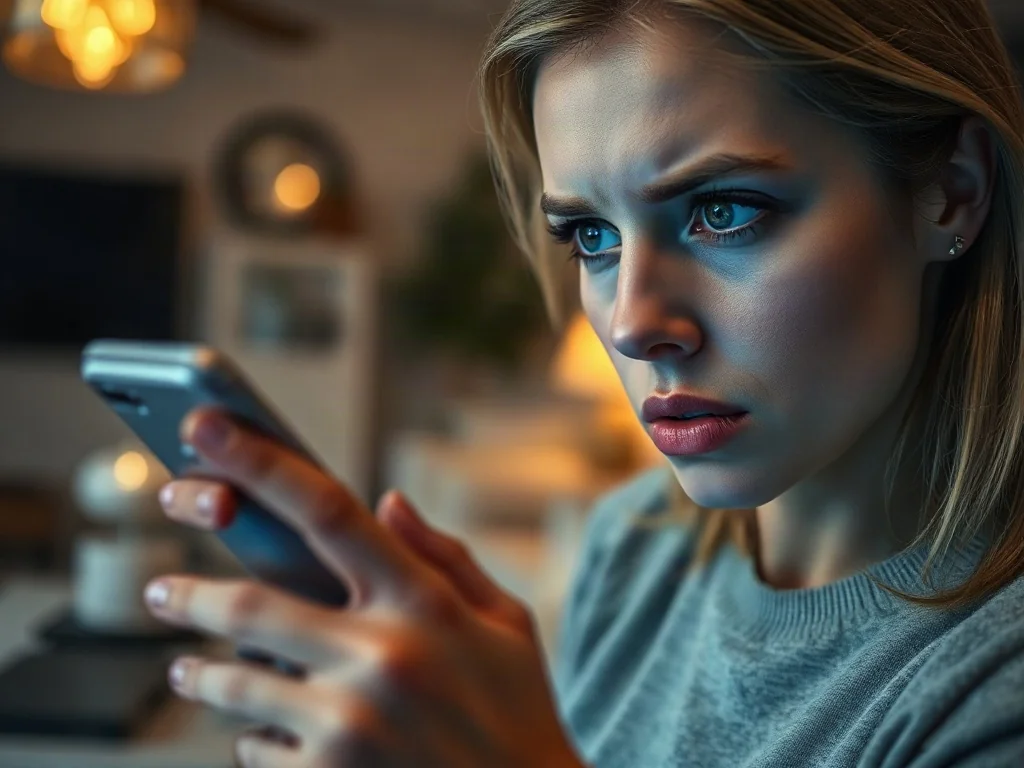 Zaniepokojona kobieta patrząca na ekran smartfona, co obrazuje czujność podczas zakupów online i ryzyko oszustw.