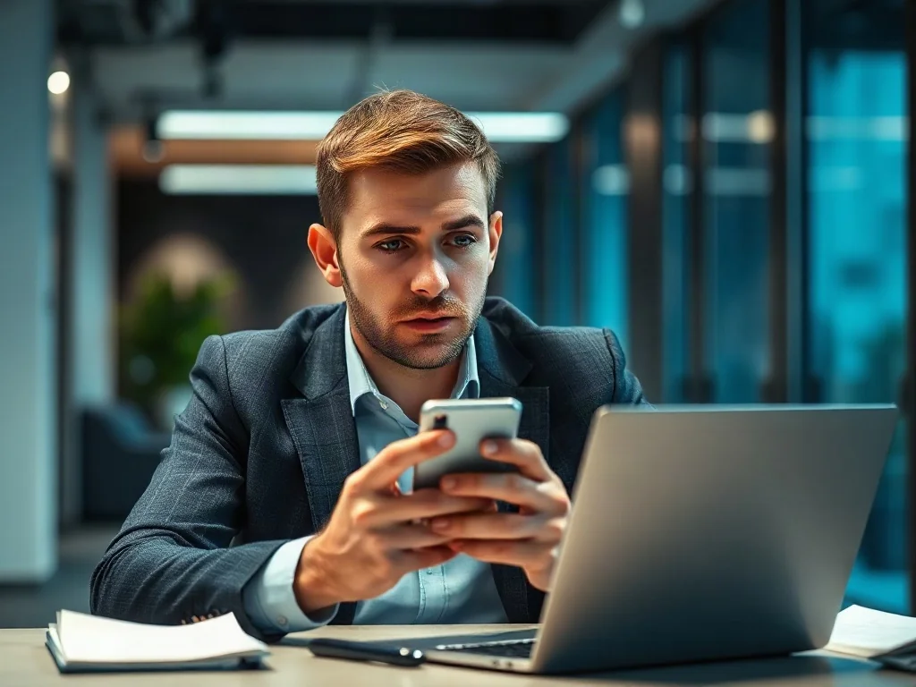 Zaniepokojony mężczyzna z telefonem w ręku przy biurku, ilustrujący zagrożenie oszustwem telefonicznym.