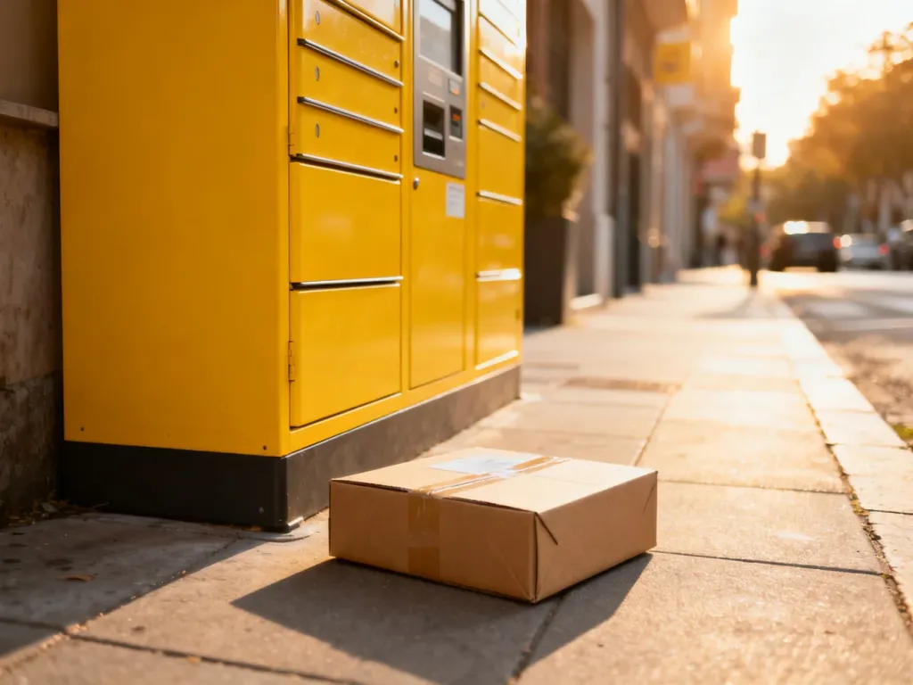 Paczkomat InPost na miejskim chodniku z paczką w tle, w ciepłym świetle słonecznym.