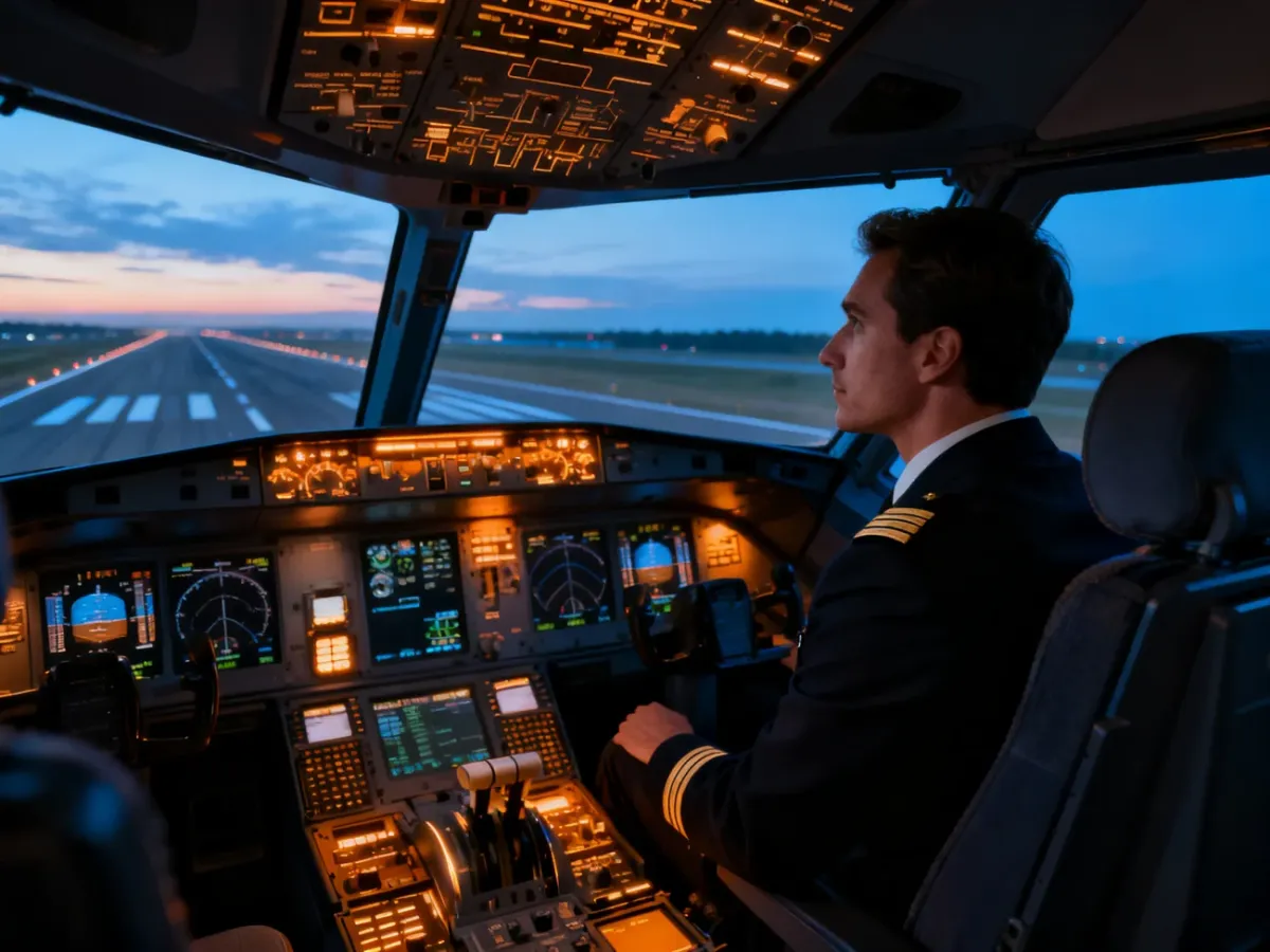 Pilot w kokpicie samolotu pasażerskiego podczas przygotowania do lotu