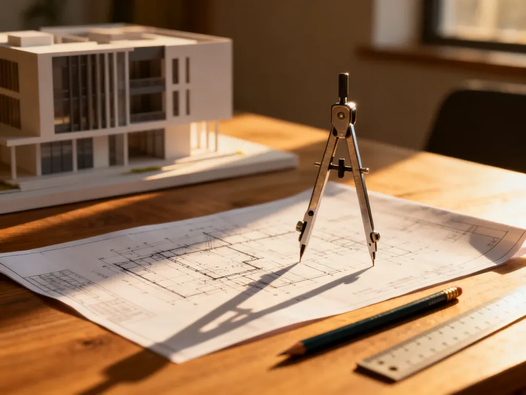 Biurko architekta z planami, przyborami kreślarskimi i modelem budynku w tle, podkreślające profesjonalizm zawodu.