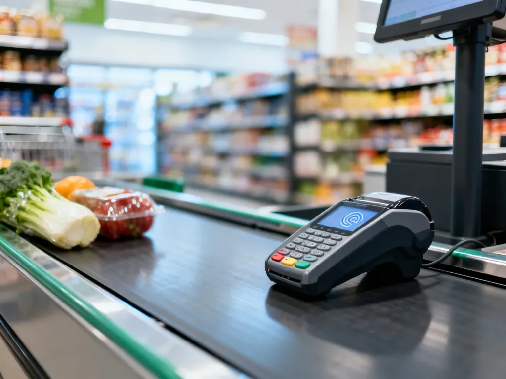 Nowoczesne stanowisko kasowe w supermarkecie z terminalem płatniczym i produktami na taśmie.