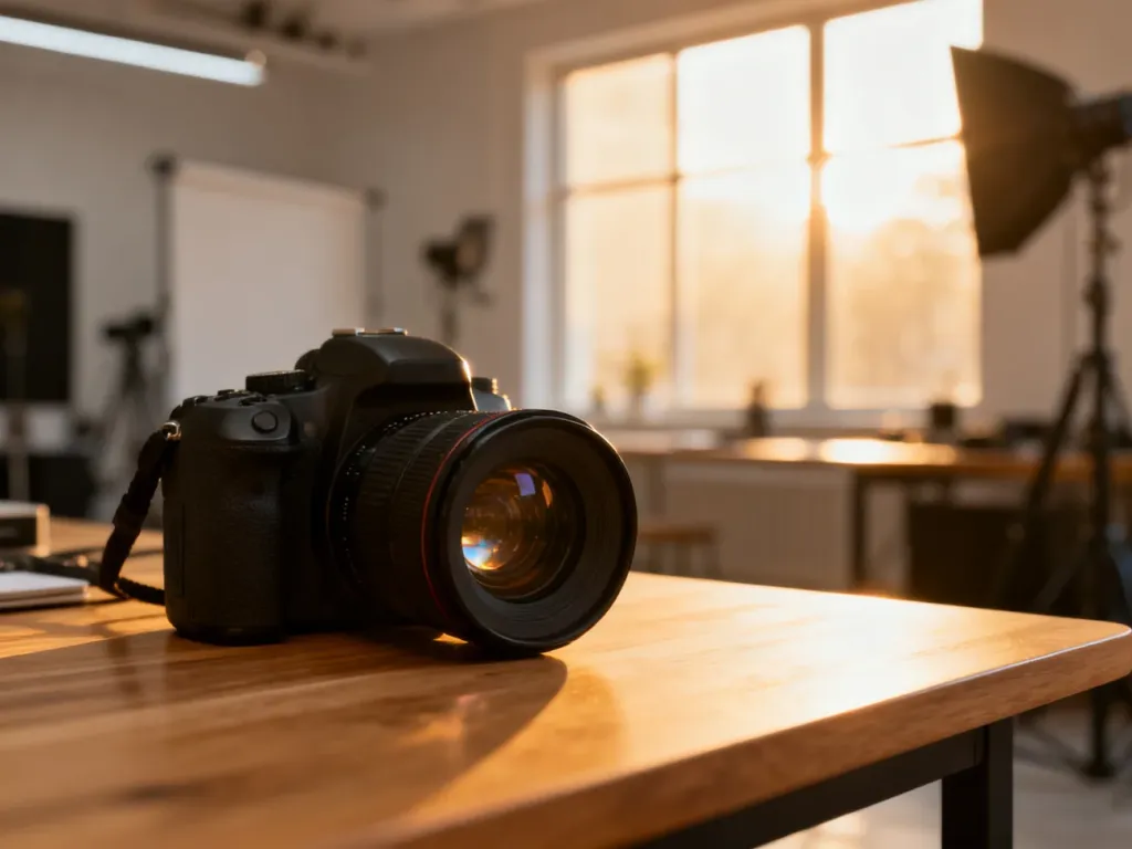 Profesjonalny aparat fotograficzny na drewnianym biurku w słonecznym studio, symbolizujący pracę zawodowego fotografa.
