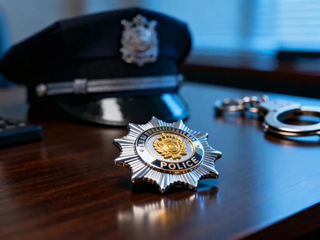 Srebrno-złota odznaka policyjna na biurku, w tle czapka mundurowa i kajdanki. Ilustracja do artykułu o zarobkach w policji.