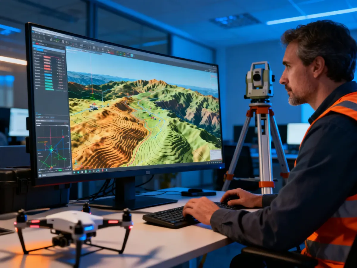 Doświadczony geodeta analizujący dane przestrzenne i model 3D