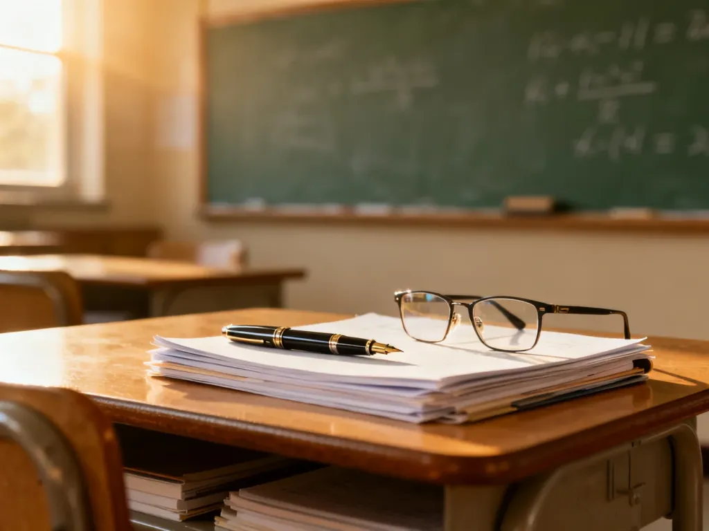 Biurko nauczyciela z dokumentami, piórem i okularami na tle szkolnej tablicy, podkreślające profesjonalizm zawodu.
