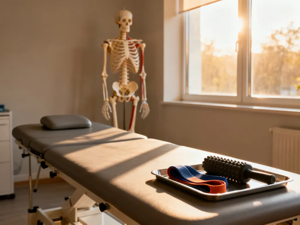 Nowoczesny gabinet fizjoterapii ze stołem do masażu, modelem anatomicznym i profesjonalnym sprzętem do rehabilitacji.