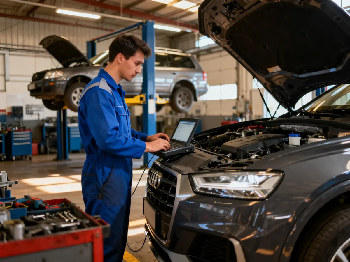 Mechanik diagnozujący samochód w nowoczesnym warsztacie