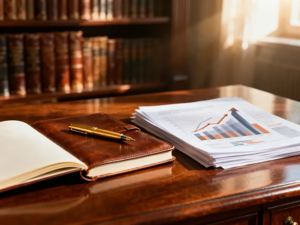 Eleganckie biurko z notatnikiem i wykresami finansowymi, symbolizujące pracę akademicką oraz analizę zarobków profesorów.