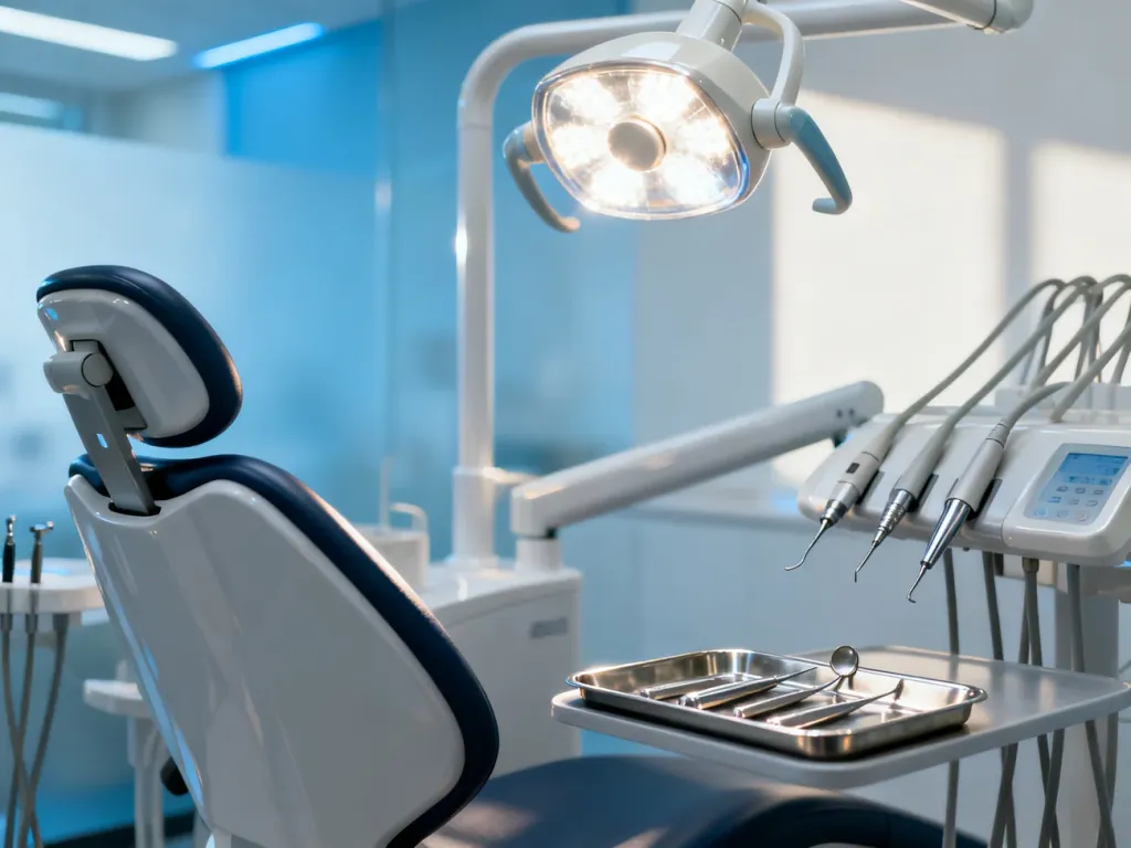 Nowoczesny gabinet stomatologiczny z profesjonalnym fotelem i zestawem sterylnych narzędzi dentystycznych.