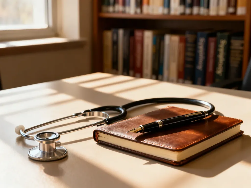 Biurko psychologa ze stetoskopem, notatnikiem i piórem na tle regału z książkami, symbolizujące profesjonalną pracę gabinetową.