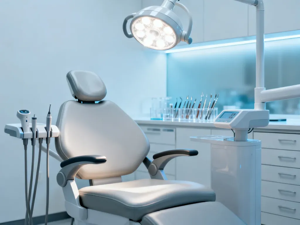 Nowoczesny gabinet stomatologiczny z profesjonalnym fotelem dentystycznym i specjalistycznym sprzętem diagnostycznym.