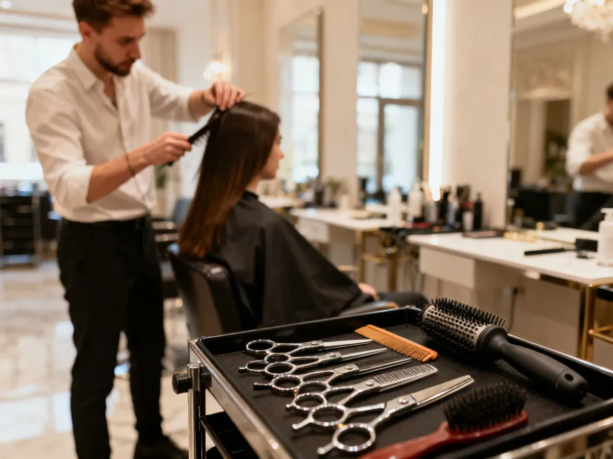 Fryzjerka stylizująca włosy klientki w eleganckim salonie