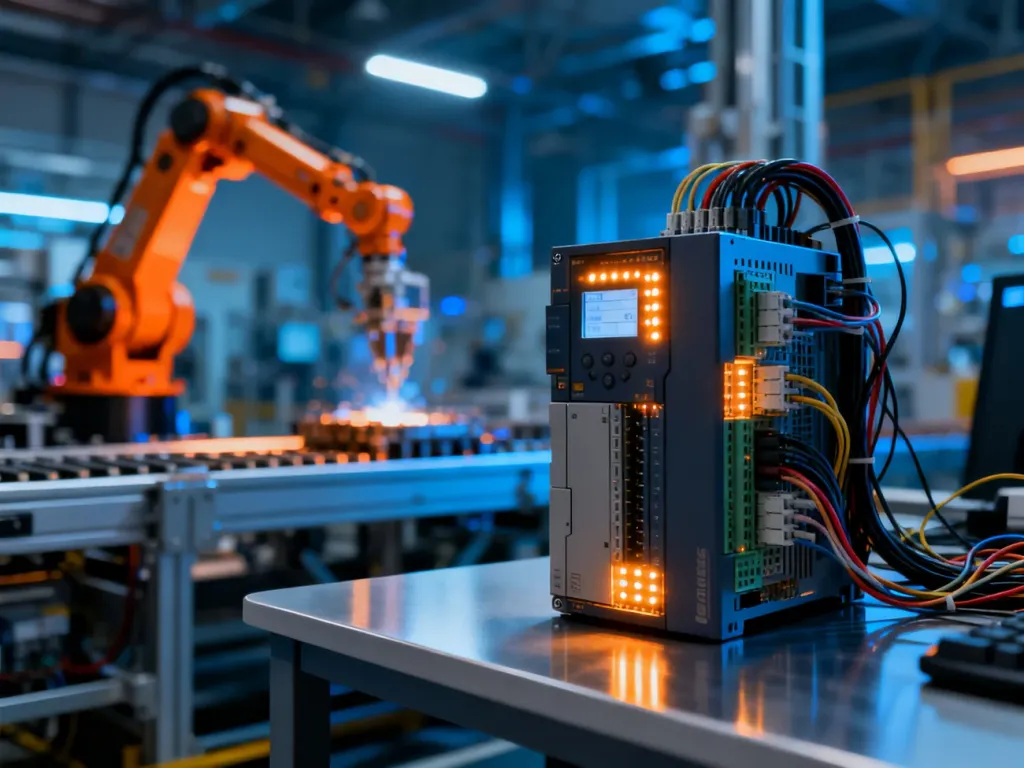 Stanowisko pracy automatyka z widocznym sterownikiem PLC oraz zautomatyzowaną linią produkcyjną w tle.