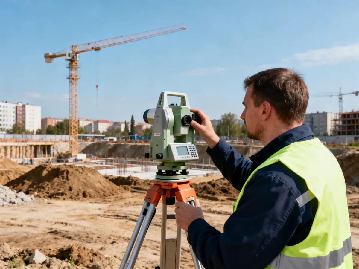 Geodeta wykonujący pomiary GNSS na placu budowy