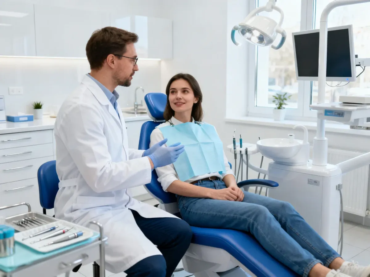 Dentysta konsultujący się z pacjentem w nowoczesnym gabinecie
