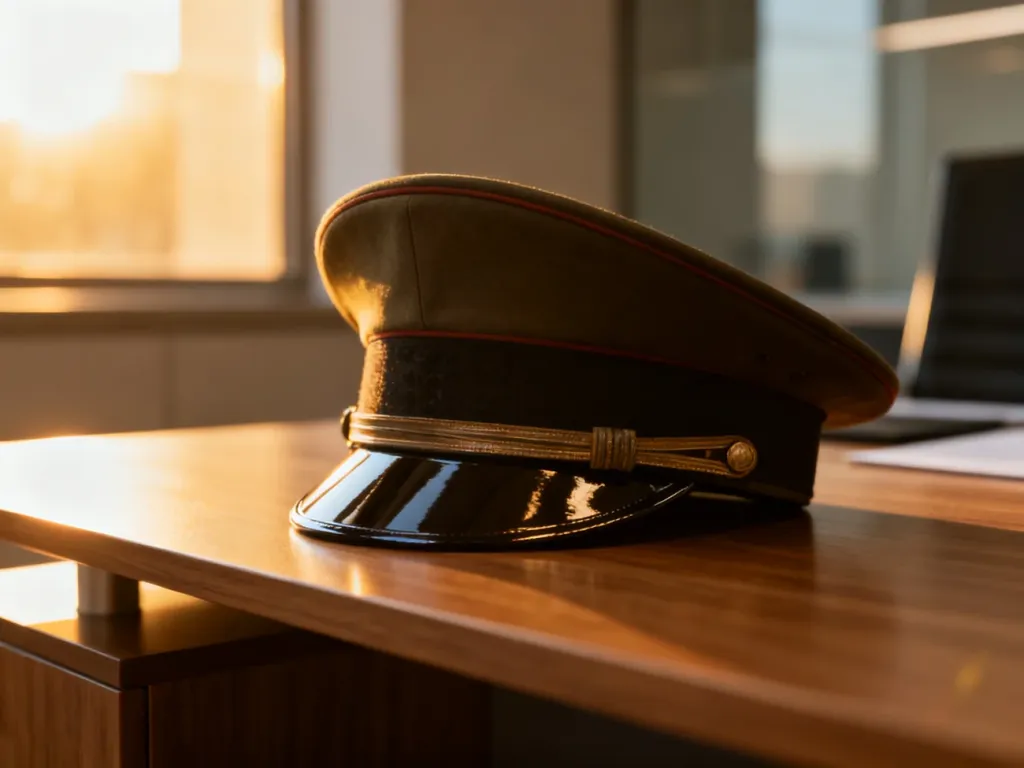 Elegancka czapka wojskowa na drewnianym biurku, symbolizująca profesjonalizm i służbę w nowoczesnym biurze.