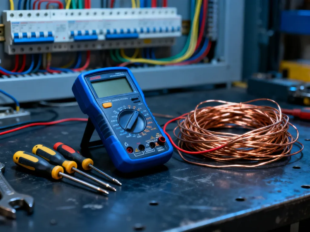 Profesjonalny warsztat elektryka z multimetrem i izolowanymi narzędziami na tle rozdzielnicy elektrycznej.