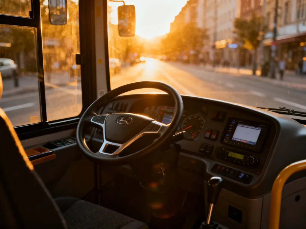 Nowoczesny kokpit autobusu z widokiem na miasto w świetle zachodzącego słońca.