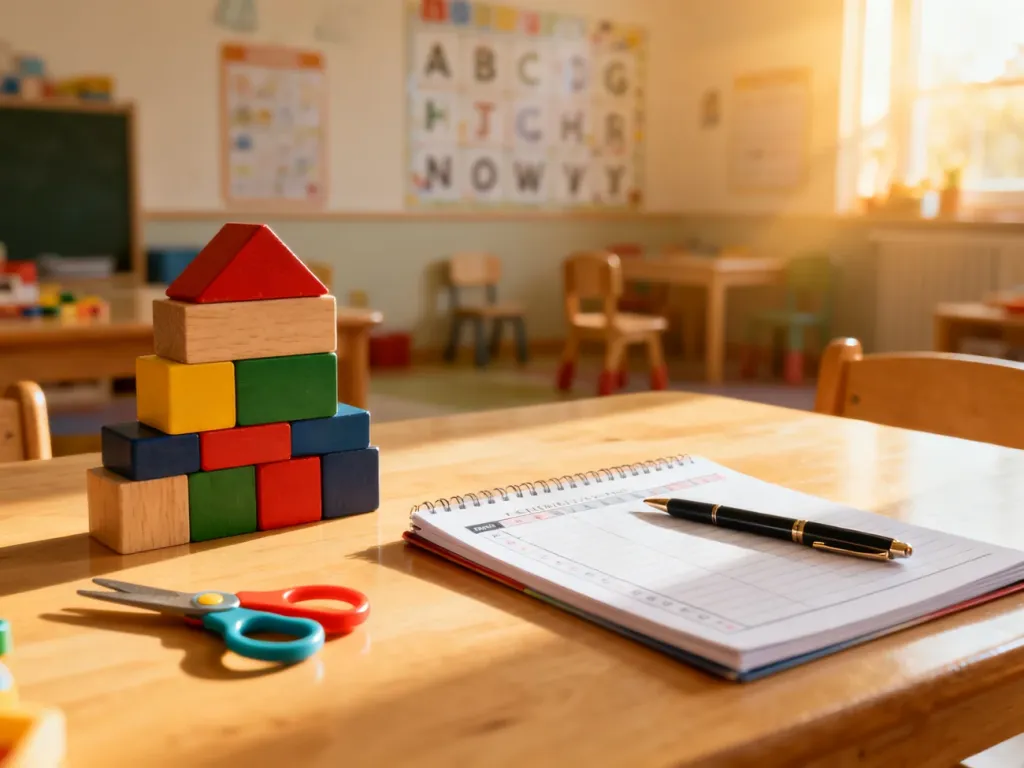 Uporządkowane biurko nauczyciela w przedszkolu z pomocami dydaktycznymi i planerem, podkreślające profesjonalny charakter pracy.